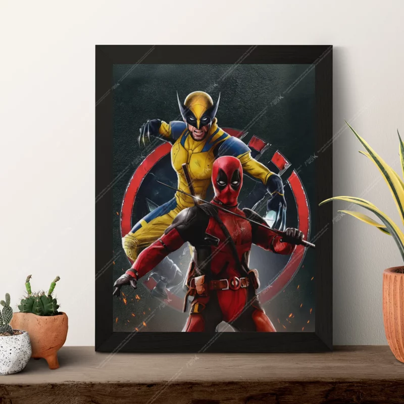 deadpool wolverine classic suits shield burst marvel poster
