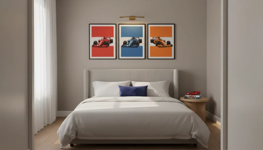 f1 bedroom decor posters above headboard minimalist interior design