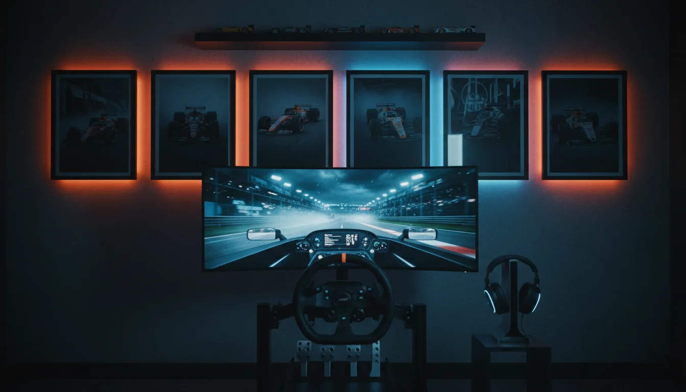 f1 gaming room sim racing setup poster wall led lighting interior