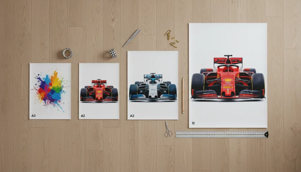 f1 poster sizes comparison a3 a2 a1 flat lay premium 250gsm print