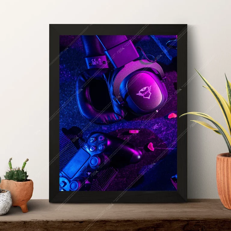 gaming-gear-neon-purple controller headset gamer setup poster