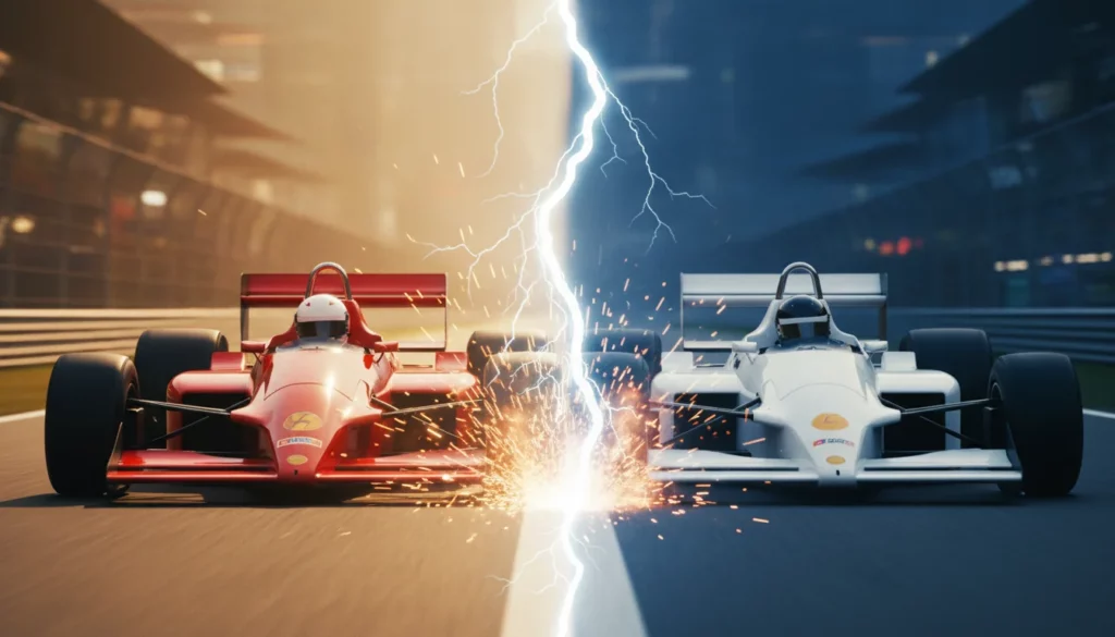 greatest f1 rivalries split screen red white cars conflict formula 1 poster