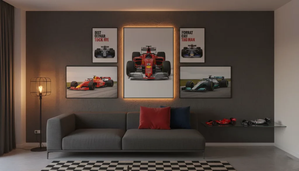 how to create f1 fan room gallery wall poster arrangement interior design